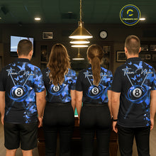 Load image into Gallery viewer, Men women pool team wearing matching butterfly blue lightning jerseys during league competition, personalized uniforms representing teamwork, harmony, focus, sportsmanship and championship success.