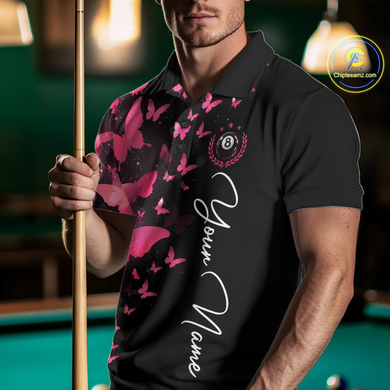 Male billiard player wearing pink lightning butterfly billiard jersey during league competition, premium athletic apparel for artistic sports enthusiasts, competitive players and butterfly fans, symbolizing confidence, originality and success.