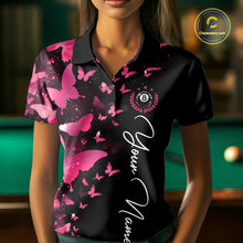 Load image into Gallery viewer, Female billiard player wearing pink lightning butterfly billiard jersey during league tournament, premium athletic apparel for artistic sports enthusiasts, butterfly fans and competitive players, symbolizing confidence, friendship and success.