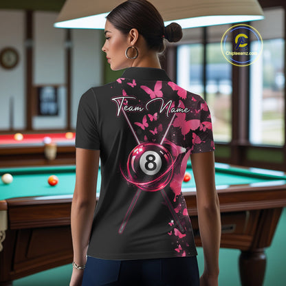 Female billiard player wearing pink lightning butterfly billiard jersey during league tournament, premium athletic apparel for artistic sports enthusiasts, butterfly fans and competitive players, symbolizing confidence, friendship and success.