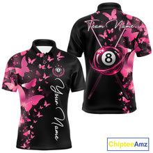 Load image into Gallery viewer, Men's billiard polo featuring funny butterfly, pink lightning and glowing 8 ball graphics, personalized performance apparel for pool leagues, butterfly lovers, creative athletes and team uniforms, symbolizing confidence, creativity and transformation.