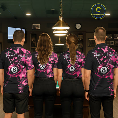 Men women billiard team wearing matching butterfly pink lightning jerseys during APA tournaments, representing teamwork, creativity, positivity, friendship and championship ambition.