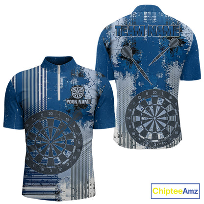 Blue Grey Grunge Dartboard Men Dart Polo & 1/4-Zip Shirt Custom Team Name Dart Jersey For Darters NYN2975
