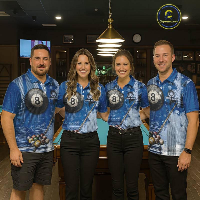 Blue Grey Grunge 8 Ball Pool Shirts Custom Men Billiard Pool Shirts Rack Billiard Team Jerseys NYN2976