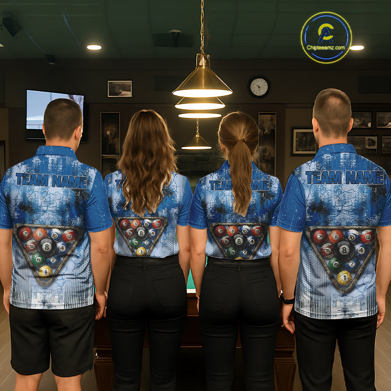 Blue Grey Grunge 8 Ball Pool Shirts Custom Men Billiard Pool Shirts Rack Billiard Team Jerseys NYN2976