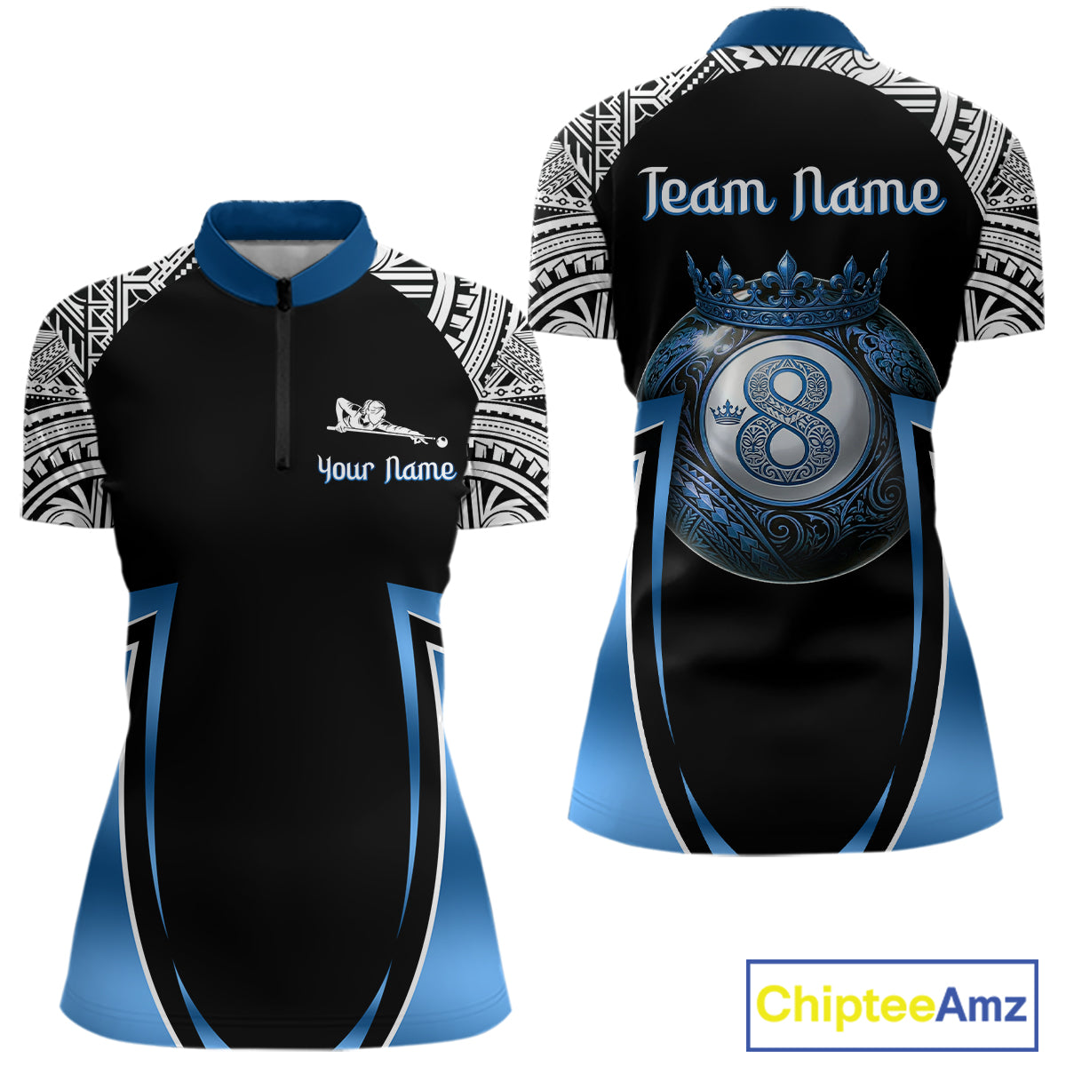 Blue Tribal 8 Ball Billiard Shirt For Women Personalized Tribal Pool Polo & 1/4-Zip Team Jersey NYN2984