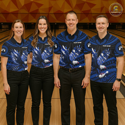 Custom Blue Tribal Pattern Polynesian Eagle Bowling Women Polo Quarter-Zip Shirts, Bowling Team Attire NYN3688