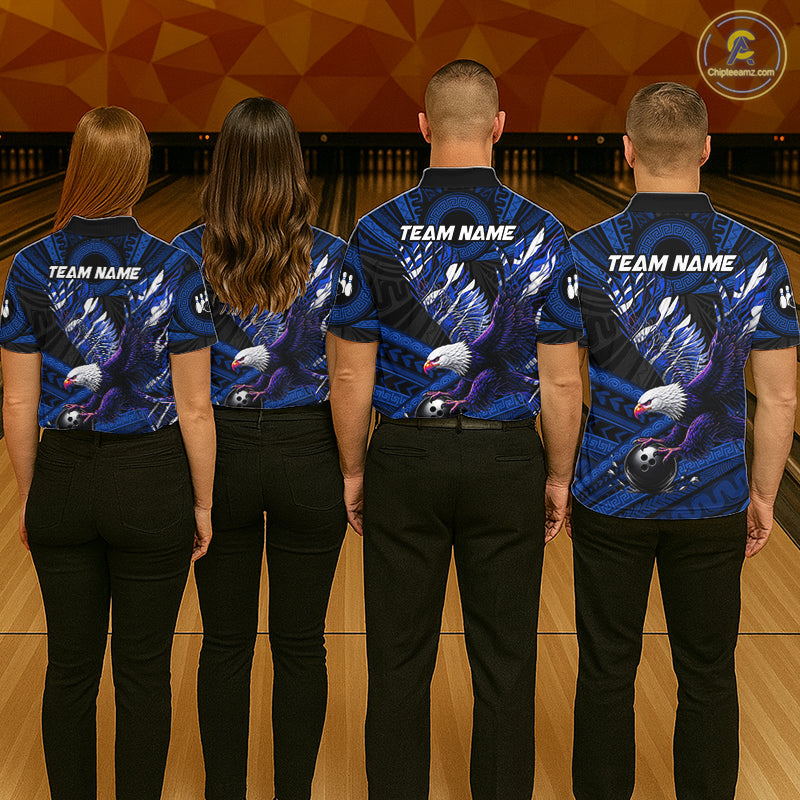 Custom Blue Tribal Pattern Polynesian Eagle Bowling Women Polo Quarter-Zip Shirts, Bowling Team Attire NYN3688