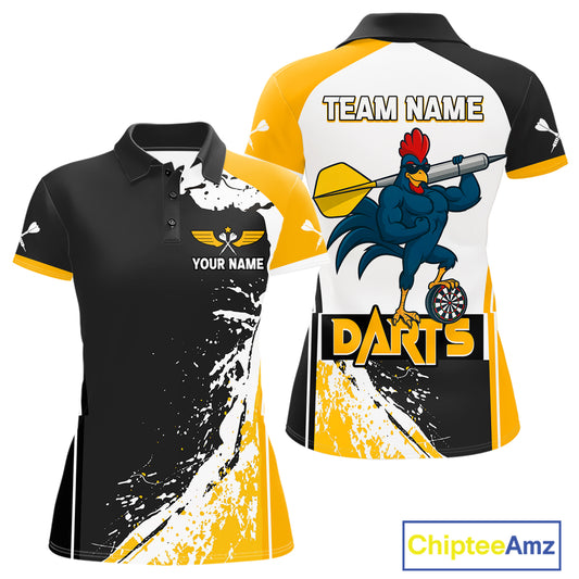 Yellow Fiery Rooster Fury Dart Arrow Women Funny Darts Polo Shirt Custom Name Darts Jersey NYN2114