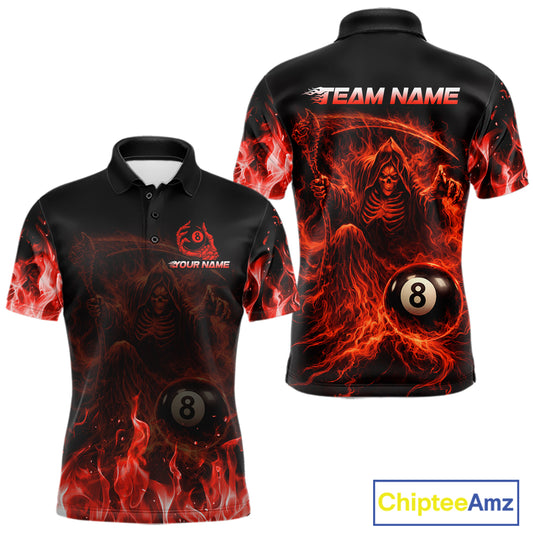 Custom Red Flaming Grim Reaper 8 Ball Billiard Pool Shirts For Men Bowling Polo & 1/4-Zip Jersey NYN2775