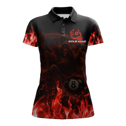 Custom Red Flaming Grim Reaper 8 Ball Billiard Pool Shirts For Women Bowling Polo & 1/4-Zip Jersey NYN2775