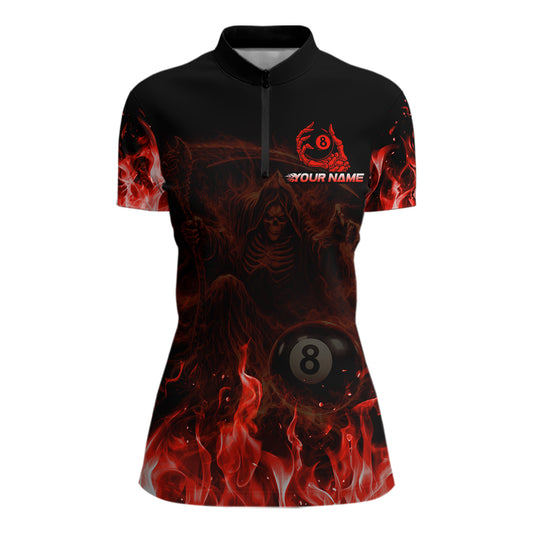 Custom Red Flaming Grim Reaper 8 Ball Billiard Pool Shirts For Women Bowling Polo & 1/4-Zip Jersey NYN2775