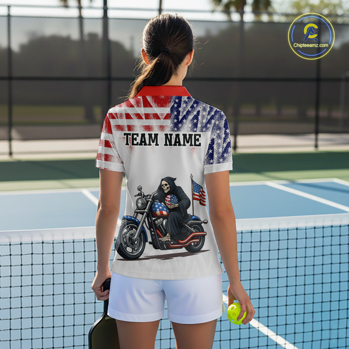 Custom Grim Reaper Motorcycle Pickleball Jersey For Women Patriotic Pickleball Paddle Shirts NYN2132