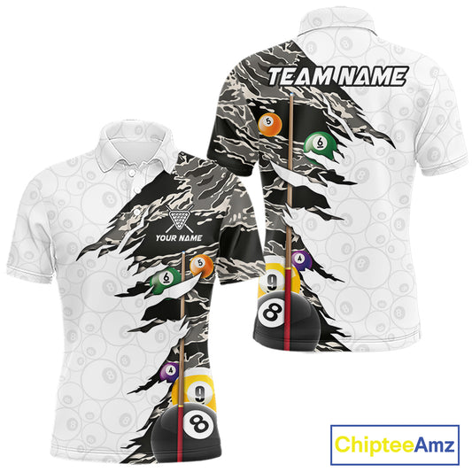 8 Ball 9 Ball Billiard Cue Shirt For Men Custom Grey Camo Pool Team Jersey