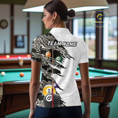 8 Ball & 9 Ball Pool Billiard Cue Shirt For Women Custom Grey Camo Billiard Team Jersey NYN3426
