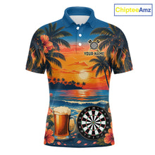 Load image into Gallery viewer, Funny Beer &amp; Dartboard men's darts polo with tropical sunset artwork, custom dart team jersey, bar league shirt, pub tournament apparel, steel tip darts uniform, personalized athletic polo, championship sportswear