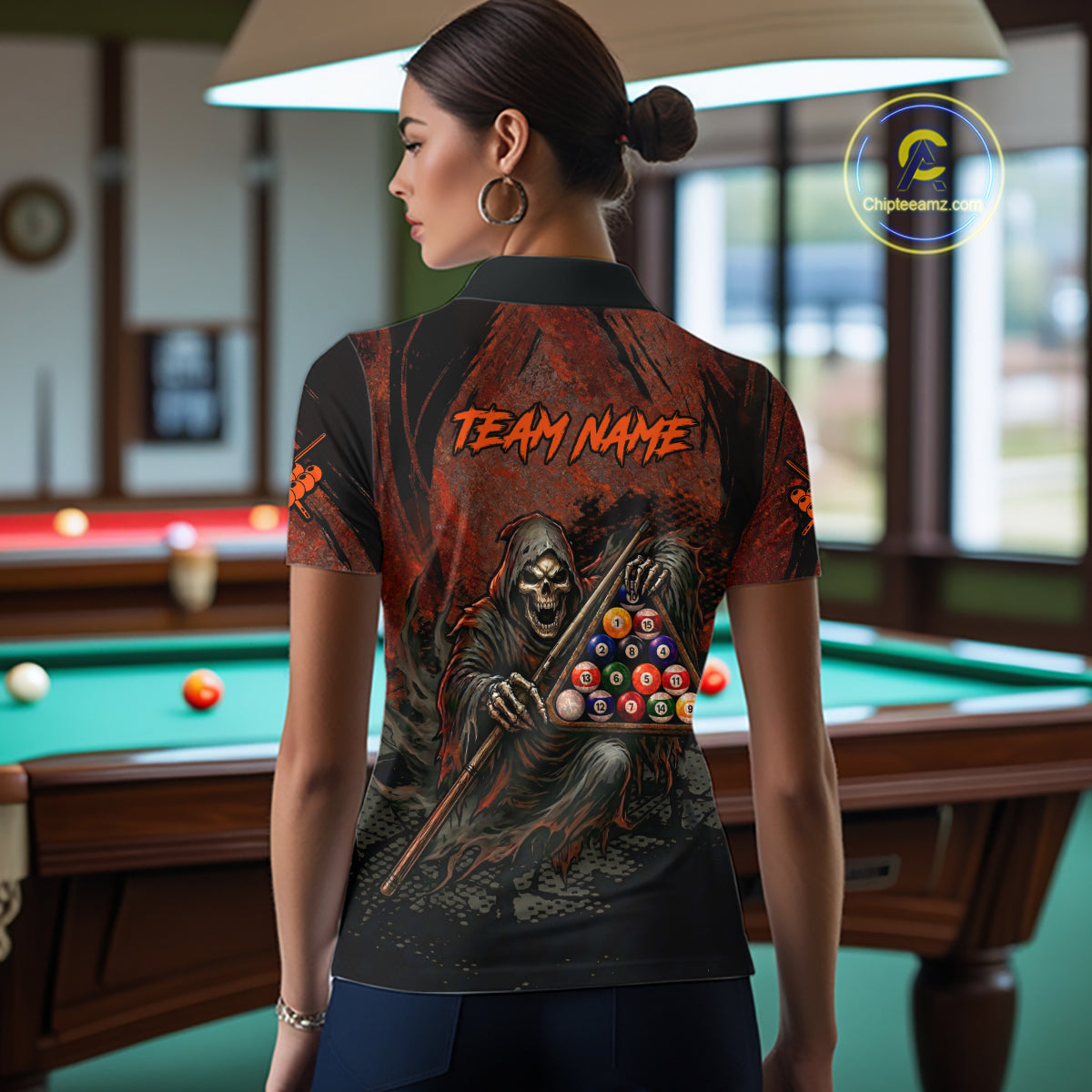 Custom Black And Gold 8 Ball 9 Ball Break Glass Billiard Shirt For Women, Pool Billiard Clothes Jersey NYN3019