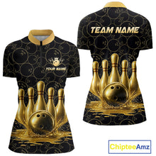Load image into Gallery viewer, Splatter Gold Dripping Bowling And Pins Jerseys For Women Custom Bowling Ball Shirt Team Attire NYN3180