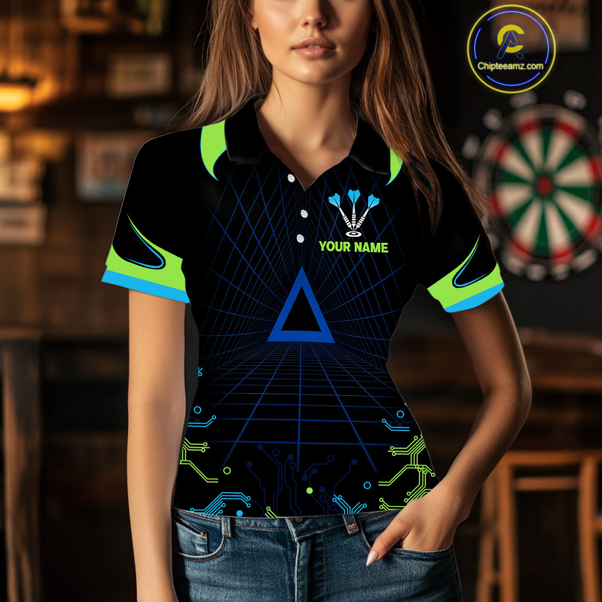 Multi Color Techno Grid & Bull Women's Darts Shirt - Custom Name For Darts Jersey NYN0475