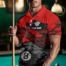 Load image into Gallery viewer, Male model wearing Grunge Black &amp; Red billiard polo, patriotic pool tournament jersey, veteran-inspired cue sports apparel, custom championship league uniform