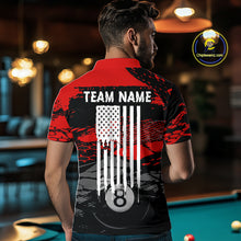 Load image into Gallery viewer, Male model wearing Grunge Black &amp; Red billiard polo, patriotic pool tournament jersey, veteran-inspired cue sports apparel, custom championship league uniform