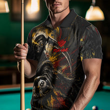 Load image into Gallery viewer, Male model wearing Grim Reaper billiard polo, custom gothic pool tournament jersey, biker-inspired cue sports apparel, personalized championship league clothing
