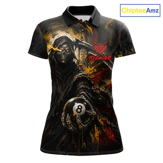 Grunge Yellow & Red Grim Reaper women's billiard polo featuring fierce skull artwork with 8 Ball graphics, custom pool tournament jersey, gothic cue sports apparel, biker-inspired championship uniform, personalized team clothing