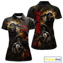 Load image into Gallery viewer, Grunge Yellow &amp; Red Grim Reaper women's billiard polo featuring fierce skull artwork with 8 Ball graphics, custom pool tournament jersey, gothic cue sports apparel, biker-inspired championship uniform, personalized team clothing