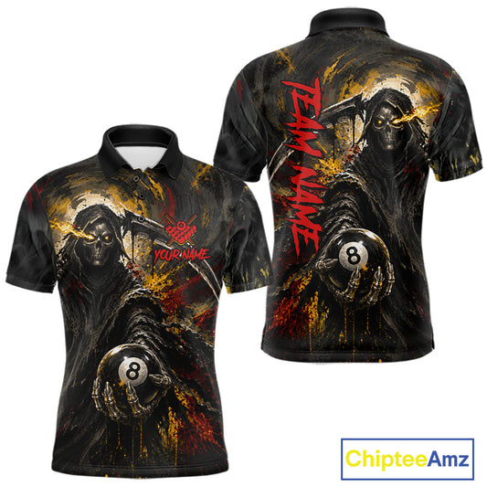 Grunge Yellow & Red Grim Reaper men's billiard polo with dramatic skull artwork, personalized 8 Ball tournament jersey, gothic league apparel, custom cue sports performance clothing