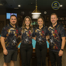 Load image into Gallery viewer, Coordinated Grim Reaper billiard team jerseys for men and women, gothic 8 Ball tournament uniforms, biker lifestyle cue sports apparel, personalized championship pool team clothing, matching league jerseys
