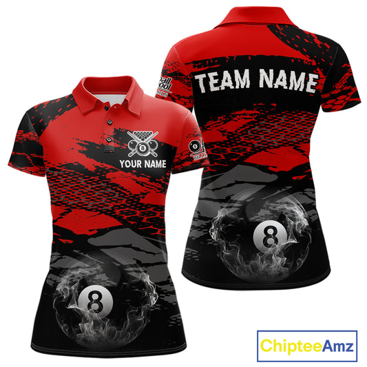 Black & Red Grunge 8 Ball Pool Women Billiard Polo & 1/4-Zip Jersey Custom Billiard Shirt Designs NYN2411