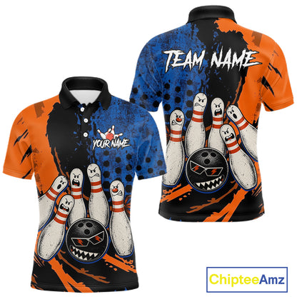 Custom Grunge Orange And Blue Angry Men Bowling Ball & Pins Shirts Funny Bowling Team Outfits NYN3185