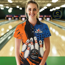 Load image into Gallery viewer, Custom Grunge Orange And Blue Angry Women Bowling Ball &amp; Pins Shirts Funny Bowling Team Outfits NYN3185