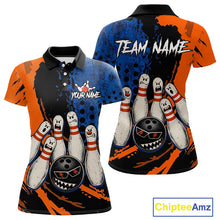 Load image into Gallery viewer, Custom Grunge Orange And Blue Angry Women Bowling Ball &amp; Pins Shirts Funny Bowling Team Outfits NYN3185