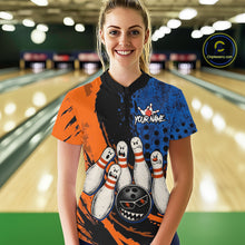 Load image into Gallery viewer, Custom Grunge Orange And Blue Angry Women Bowling Ball &amp; Pins Shirts Funny Bowling Team Outfits NYN3185