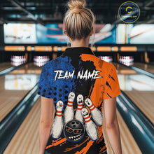 Load image into Gallery viewer, Custom Grunge Orange And Blue Angry Women Bowling Ball &amp; Pins Shirts Funny Bowling Team Outfits NYN3185