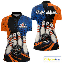 Load image into Gallery viewer, Custom Grunge Orange And Blue Angry Women Bowling Ball &amp; Pins Shirts Funny Bowling Team Outfits NYN3185