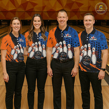 Load image into Gallery viewer, Custom Grunge Orange And Blue Angry Women Bowling Ball &amp; Pins Shirts Funny Bowling Team Outfits NYN3185