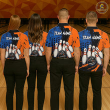 Load image into Gallery viewer, Custom Grunge Orange And Blue Angry Women Bowling Ball &amp; Pins Shirts Funny Bowling Team Outfits NYN3185
