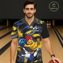 Load image into Gallery viewer, Male and female models wearing Funny Duck bowling Hawaiian shirts, playful bowling team apparel, tropical aloha button-up shirts, vacation resort clothing symbolizing humor, friendship, positivity, family fun and team spirit