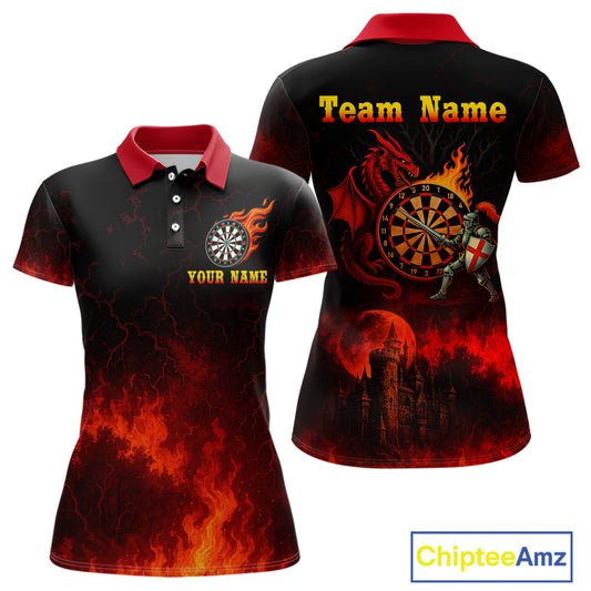 Medieval Power Darts Team Shirt For Women - Flaming Dartboard & Castle | Custom Name NYN0485
