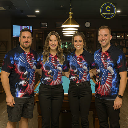 Custom Thunder 8 Ball Pool Jersey For Men US Flag Fire Eagle Billiard Polo Quarter-Zip Shirt NYN4008