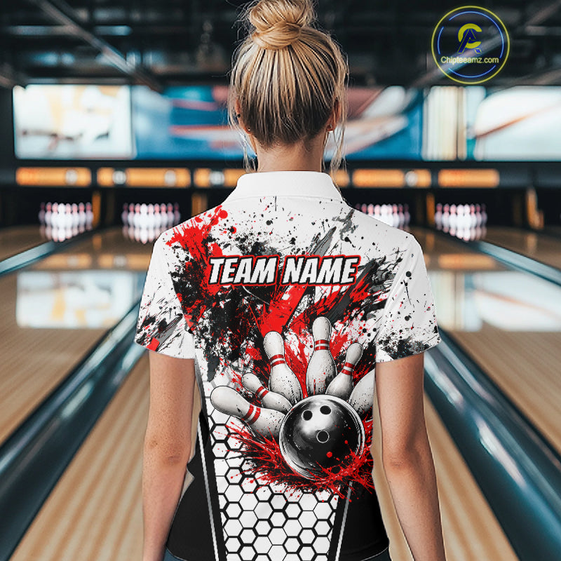Custom Black And Red Splatter Womens Bowling Shirt Splash Bowling Tournament Team Jersey NYN4010