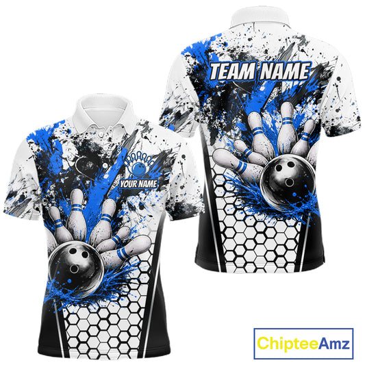 Custom Black And Blue Splatter Mens Bowling Shirt Splash Bowling Tournament Team Jersey NYN4011