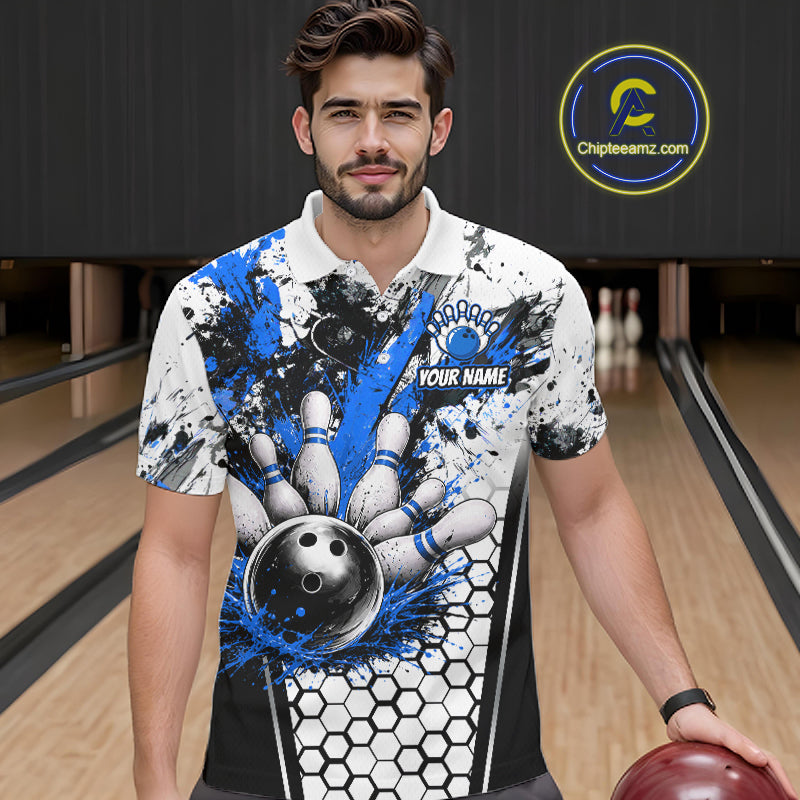 Custom Black And Blue Splatter Mens Bowling Shirt Splash Bowling Tournament Team Jersey NYN4011