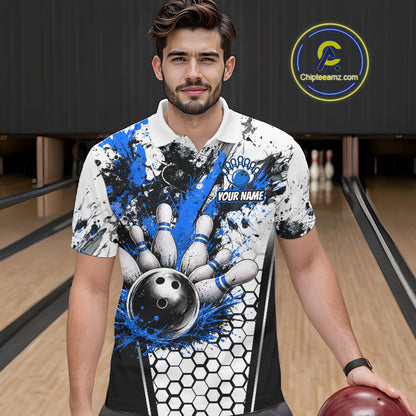 Custom Black And Blue Splatter Mens Bowling Shirt Splash Bowling Tournament Team Jersey NYN4011