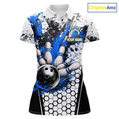 Custom Black And Blue Splatter Womens Bowling Shirt Splash Bowling Tournament Team Jersey NYN4011