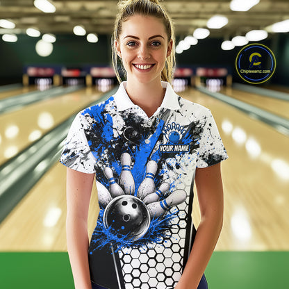 Custom Black And Blue Splatter Womens Bowling Shirt Splash Bowling Tournament Team Jersey NYN4011