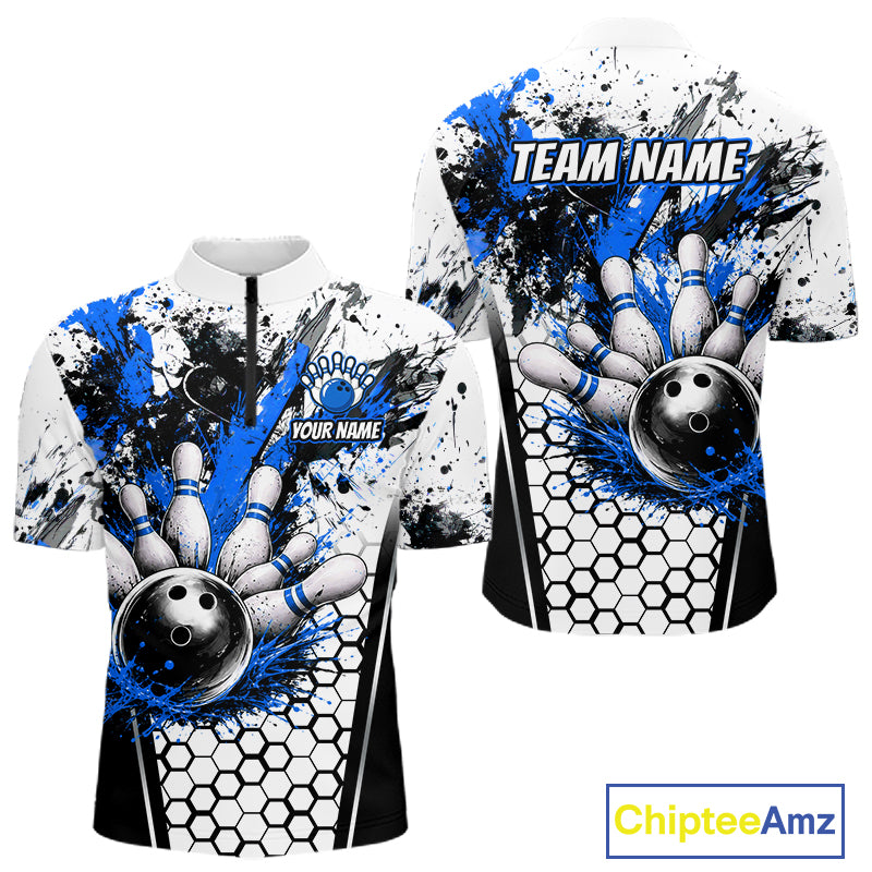 Custom Black And Blue Splatter Mens Bowling Shirt Splash Bowling Tournament Team Jersey NYN4011