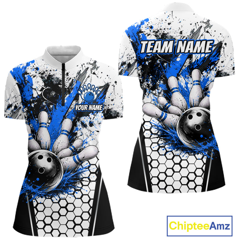 Custom Black And Blue Splatter Womens Bowling Shirt Splash Bowling Tournament Team Jersey NYN4011